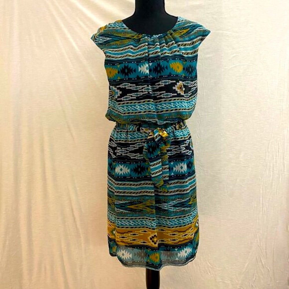 Robbie Bee Women's‎ Southwestern Aztec Print Cap Sleeve Belted Dress Size 6